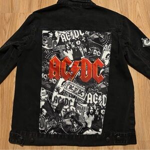 AC/DC Retro Rock Band Graphic Trucker Jacket Faded Denim Black Mens Medium